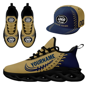 Customize Sneaker + Hat Kits Personalized Design Printing Logo & Team Name on Sport Shoes for Men and Women Dark Blue Camel Black Sole
