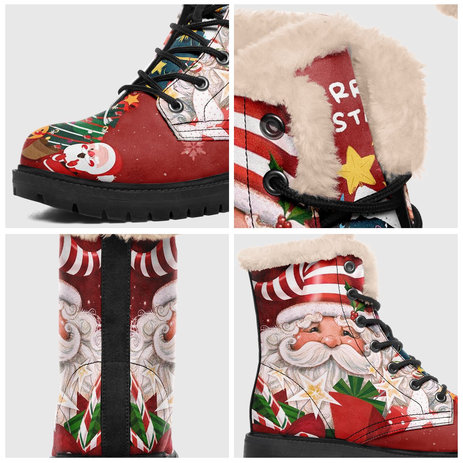 Winter Boots for Women, Custom Christmas Boots Santa Claus Print Ladies Fur Lined Lace up Ankle Boots 