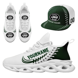 Customize Sneaker + Hat Kits Personalized Design Printing Logo & Team Name on Sport Shoes for Men and Women Dark Green White Sole