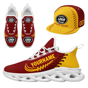 Customize Sneaker + Hat Kits Personalized Design Printing Logo & Team Name on Sport Shoes for Men and Women Red Yellow White Sole
