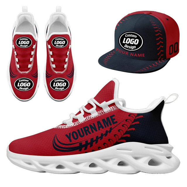 Customize Sport Shoe + Hat Kits Personalized Design Printing Logo & Picture on Sneakers for Men and Women Red Dark Blue White Sole