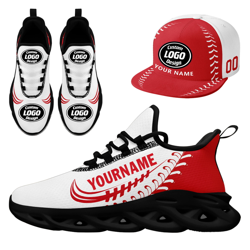 Custom Sneaker + Hat Kits Personalized Design Printing Logo & Photo on Sport Shoes for Men and Women Red White Black Sole