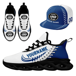Customize Sneaker + Hat Kits Personalized Design Printing Logo & Team Name on Sport Shoes for Men and Women Blue White Black Sole