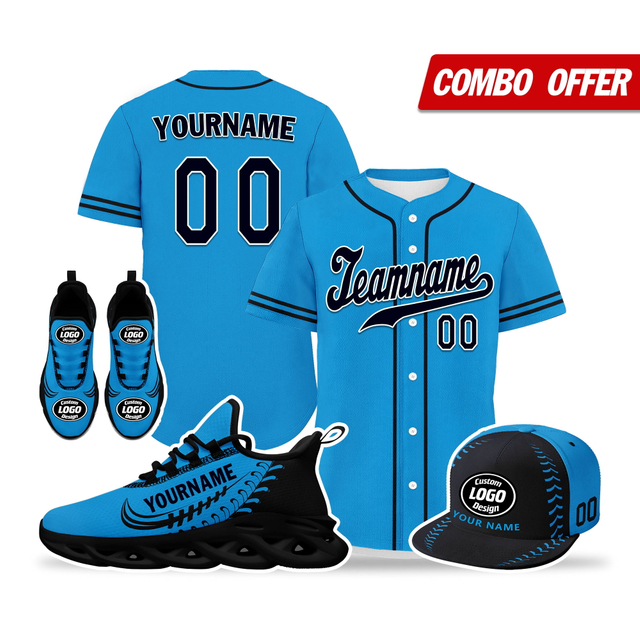 Custom Baseball Jersey + Sneaker + Cap Kits | Personalized Design Printed Logo/Team Name/Picture/Photo On Sports Suits For Men And Women Blue Black Sole Sport Shoes ZH-24020050-23b