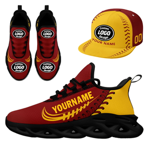 Customize Sneaker + Hat Kits Personalized Design Printing Logo & Team Name on Sport Shoes for Men and Women Red Yellow Black Sole