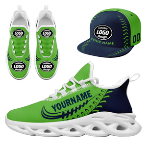 Customize Sneaker + Hat Kits Personalized Design Printing Logo & Team Name on Sport Shoes for Men and Women Dark Blue Green White Sole