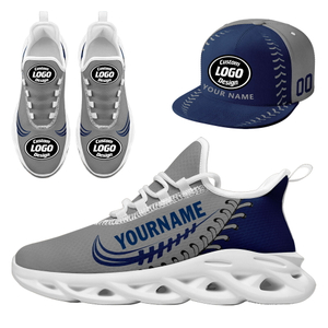 Customize Sneaker + Hat Kits Personalized Design Printing Logo & Team Name on Sport Shoes for Men and Women Gray Blue White Sole