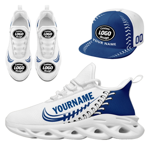Customize Sneaker + Hat Kits Personalized Design Printing Logo & Team Name on Sport Shoes for Men and Women Blue White Sole
