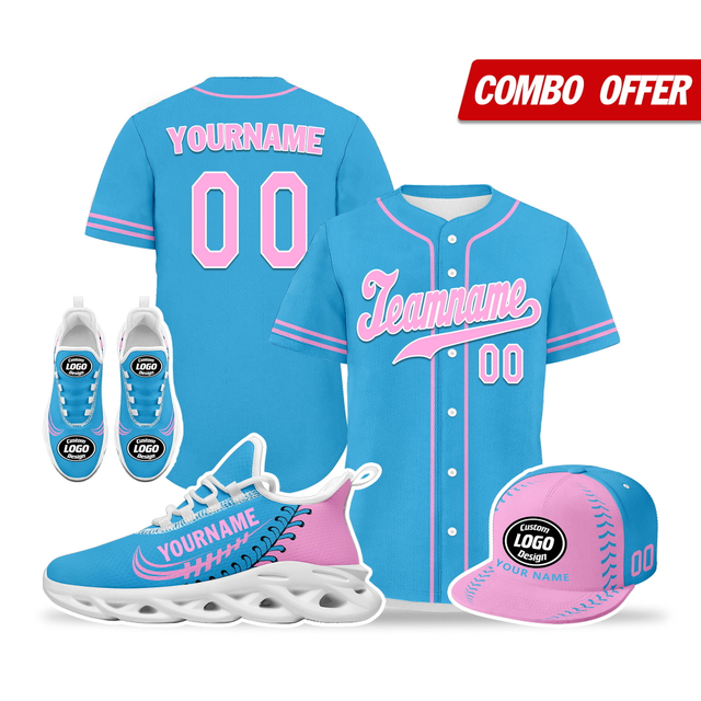 Cool Customize Baseball Jersey + Sneaker + Cap Kits | Personalized Design Printed Logo/Team Name/Picture/Photo On Sports Suits For Men And Women Pink Blue White Sole Sport Shoes ZH-24020050-34w