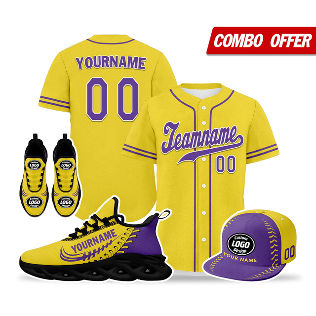 Cool Customize Baseball Jersey + Sneaker + Cap Kits | Personalized Design Printed Logo/Team Name/Picture/Photo On Sports Suits For Men And Women Yellow Purple Black Sole Sport Shoes ZH-24020050-19b
