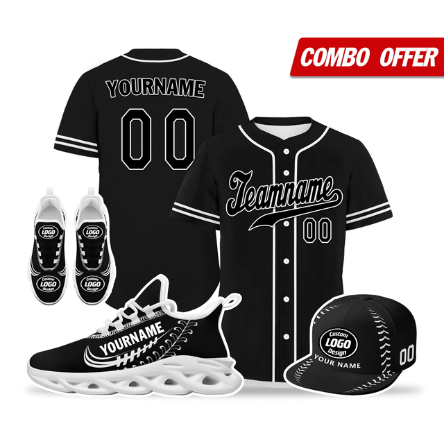Customized Baseball Jersey + Sneaker + Cap Kits | Personalized Design Printed Logo/Team Name/Picture/Photo On Sports Suits For Men And Women Black White Sole Sport Shoes ZH-24020050-30w
