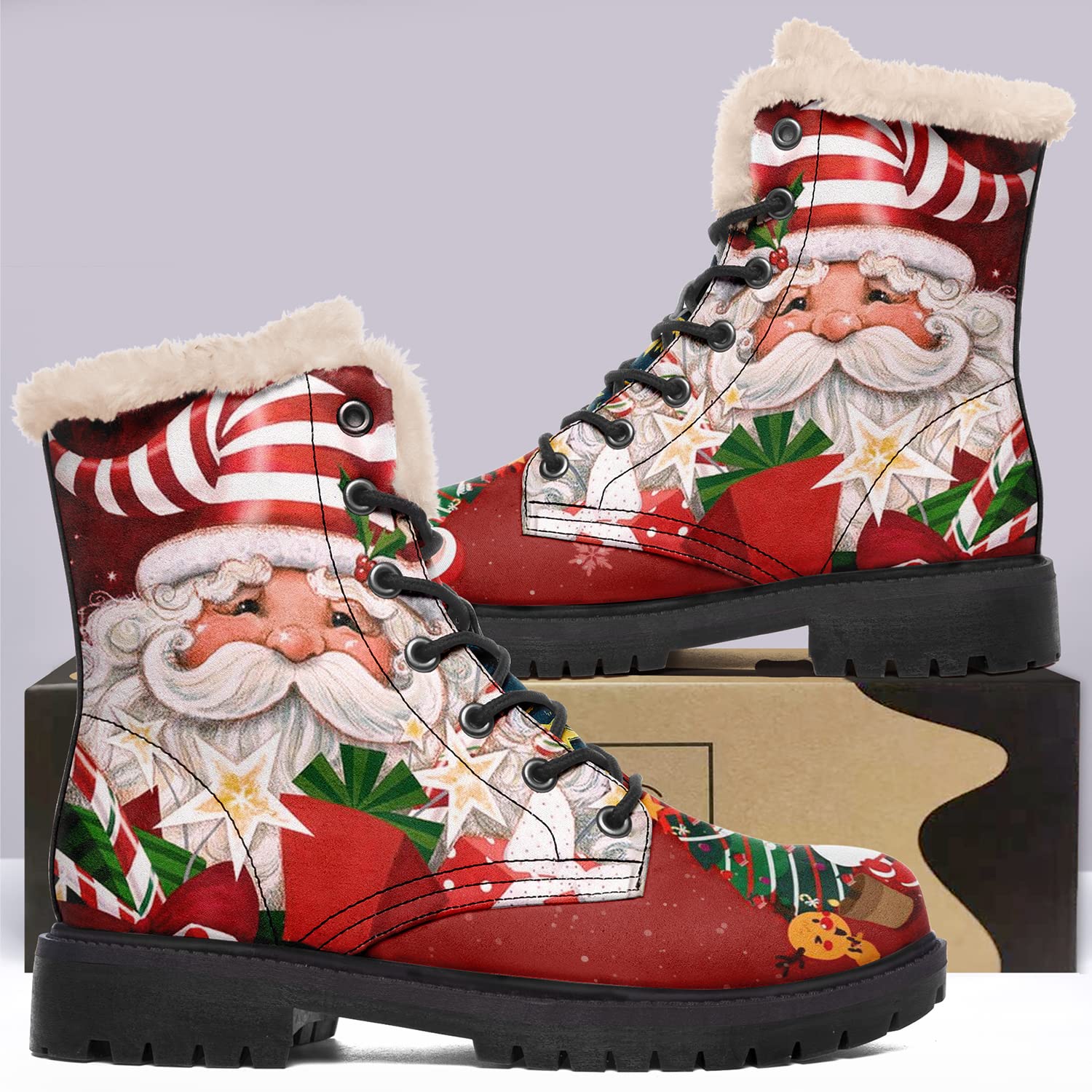 Winter Boots for Women, Custom Christmas Boots Santa Claus Print Ladies Fur Lined Lace up Ankle Boots 