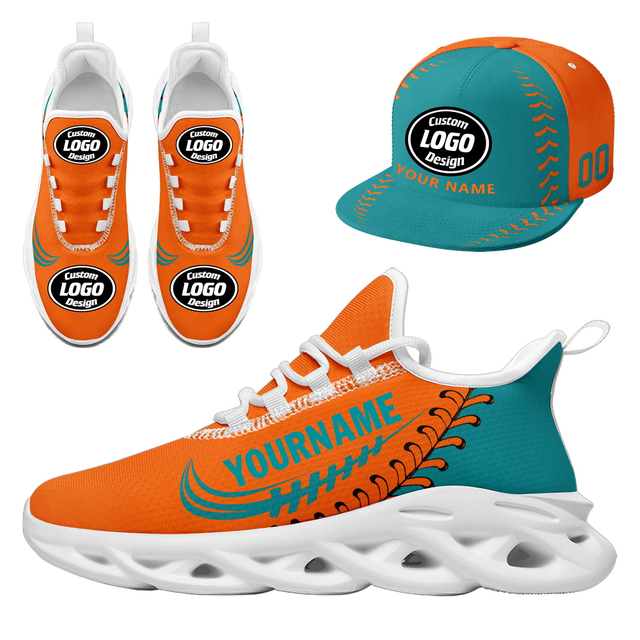 Customize Sport Shoe + Hat Kits Personalized Design Printing Logo & Picture on Sneakers for Men and Women Orange Cyan White Sole