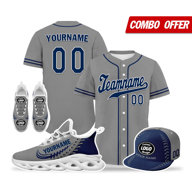 Cool Customize Baseball Jersey + Sneaker + Cap Kits | Personalized Design Printed Logo/Team Name/Picture/Photo On Sports Suits For Men And Women Gray Dark Blue White Sole Sport Shoes ZH-24020050-13w