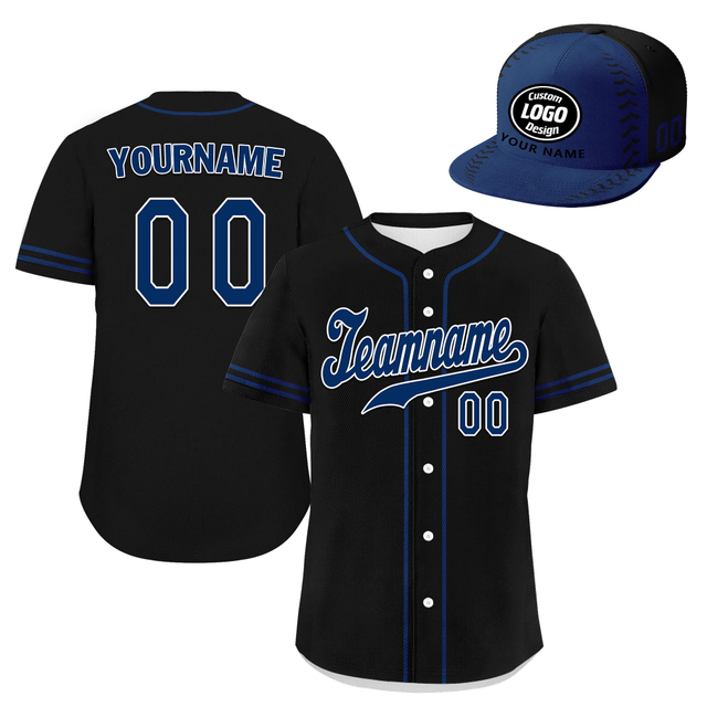 Custom Baseball Jersey + Cap | Personalized Design Printed Logo/Team Name/Picture/Photo On Sports Uniform Kits For Men And Women Black Dark Blue ZH-24020053-24