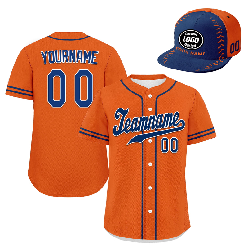 Custom Baseball Jersey + Cap | Personalized Design Printed Logo/Team Name/Picture/Photo On Sports Uniform Kits For Men And Women Orange Dark Blue ZH-24020053-1