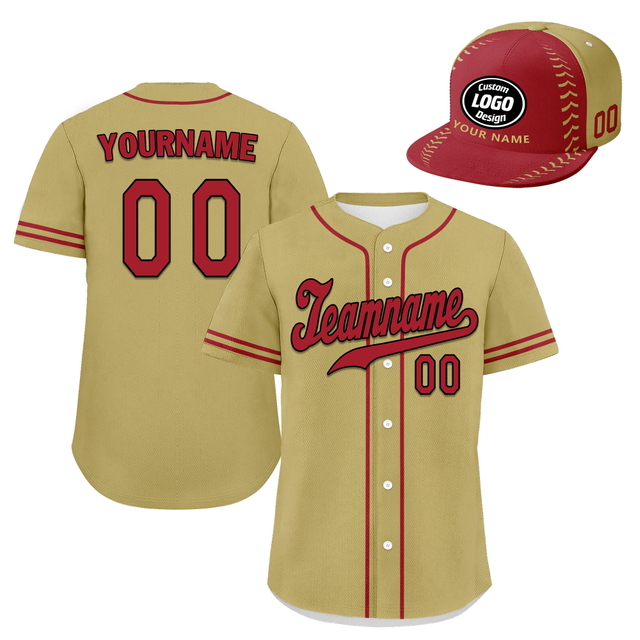 Custom Baseball Jersey + Cap | Personalized Design Printed Logo/Team Name/Picture/Photo On Sports Uniform Kits For Men And Women Camel Red ZH-24020053-7