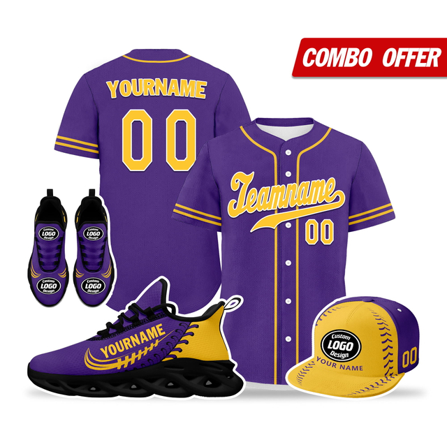 Cool Customize Baseball Jersey + Sneaker + Cap Kits | Personalized Design Printed Logo/Team Name/Picture/Photo On Sports Suits For Men And Women Purple Yellow Black Sole Sport Shoes ZH-24020050-22b