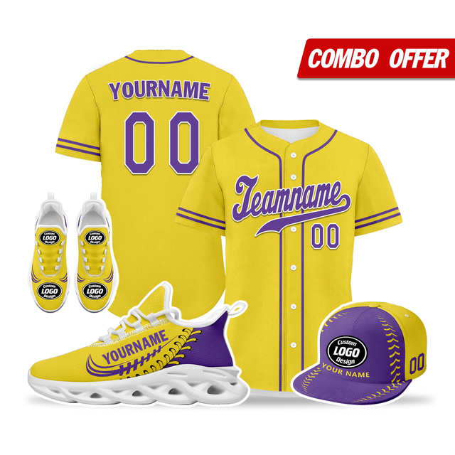 Cool Customize Baseball Jersey + Sneaker + Cap Kits | Personalized Design Printed Logo/Team Name/Picture/Photo On Sports Suits For Men And Women Yellow Purple White Sole Sport Shoes ZH-24020050-19w