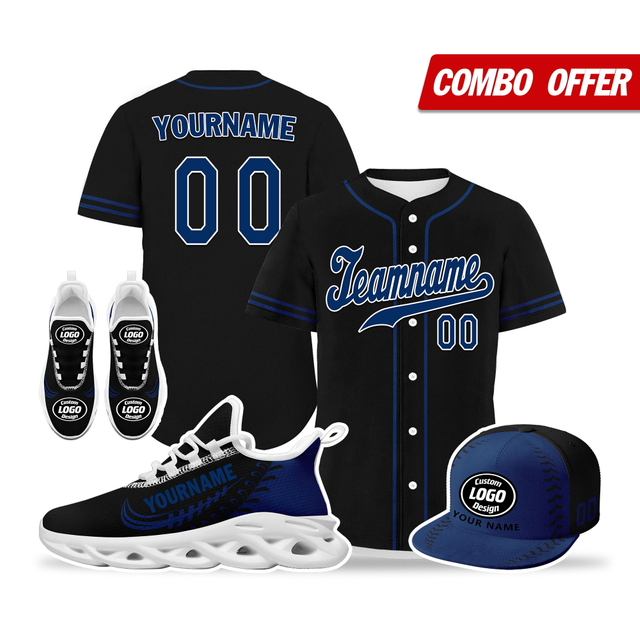 Cool Customize Baseball Jersey + Sneaker + Cap Kits | Personalized Design Printed Logo/Team Name/Picture/Photo On Sports Suits For Men And Women Dark Blue Black White Sole Sport Shoes ZH-24020050-24w