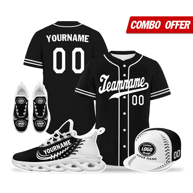 Custom Baseball Jersey + Sneaker + Cap Kits | Personalized Design Printed Logo/Team Name/Picture/Photo On Sports Suits For Men And Women Black White Sole Sport Shoes ZH-24020050-31w