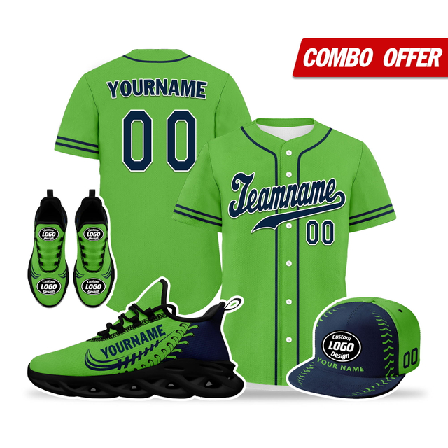 Cool Customize Baseball Jersey + Sneaker + Cap Kits | Personalized Design Printed Logo/Team Name/Picture/Photo On Sports Suits For Men And Women Green Dark Blue Black Sole Sport Shoes ZH-24020050-15b
