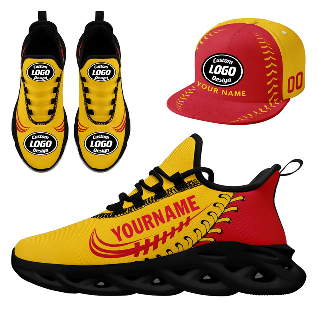 Customize Sport Shoe + Hat Kits Personalized Design Printing Logo & Picture on Sneakers for Men and Women Yellow Red Black Sole