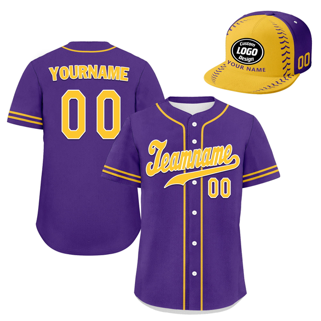 Custom Baseball Jersey + Cap | Personalized Design Printed Logo/Team Name/Picture/Photo On Sports Uniform Kits For Men And Women Purple Yellow ZH-24020053-22
