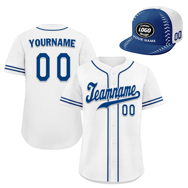 Custom Baseball Jersey + Cap | Personalized Design Printed Logo/Team Name/Picture/Photo On Sports Uniform Kits For Men And Women White Blue ZH-24020053-12