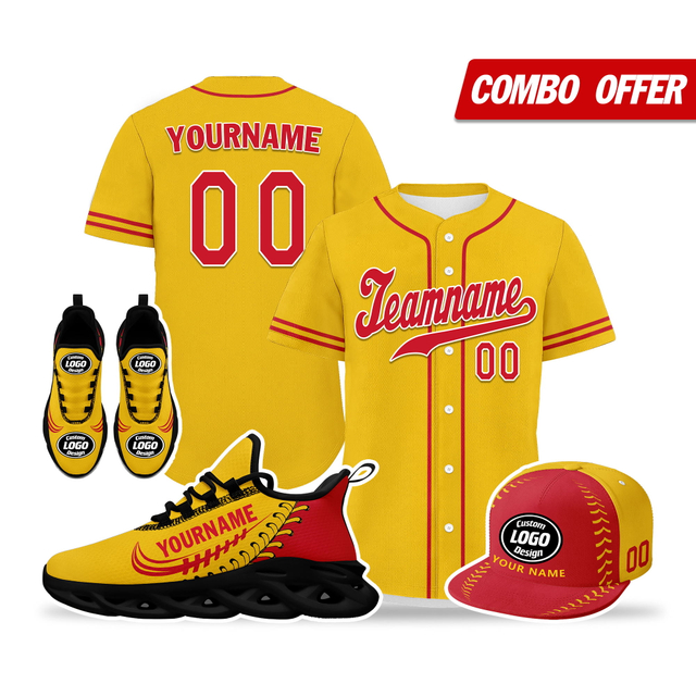 Cool Customize Baseball Jersey + Sneaker + Cap Kits | Personalized Design Printed Logo/Team Name/Picture/Photo On Sports Suits For Men And Women Yellow Red Black Sole Sport Shoes ZH-24020050-8b