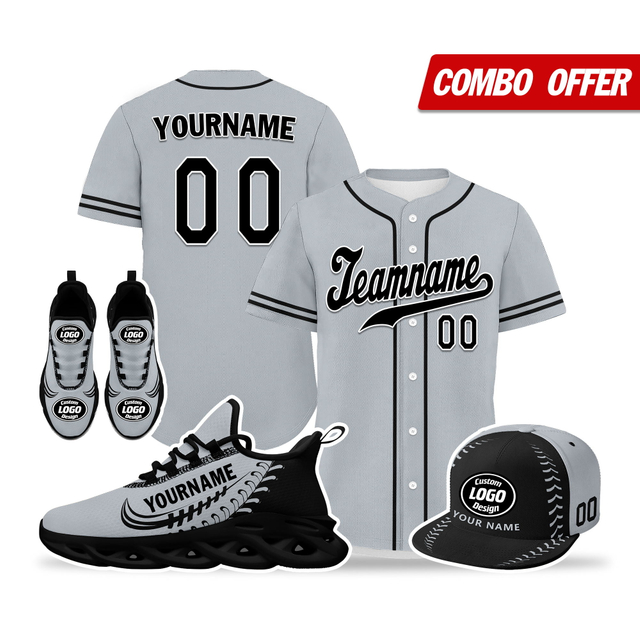 Cool Customize Baseball Jersey + Sneaker + Cap Kits | Personalized Design Printed Logo/Team Name/Picture/Photo On Sports Suits For Men And Women Gray Black Sole Sport Shoes ZH-24020050-4b