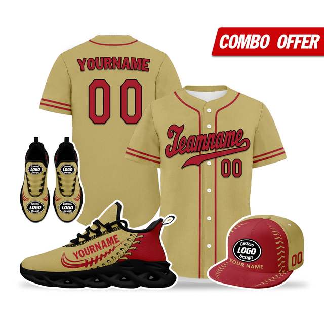 Cool Customize Baseball Jersey + Sneaker + Cap Kits | Personalized Design Printed Logo/Team Name/Picture/Photo On Sports Suits For Men And Women Camel Red Black Sole Sport Shoes ZH-24020050-7b