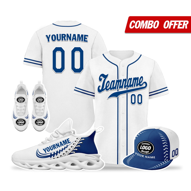 Cool Customize Baseball Jersey + Sneaker + Cap Kits | Personalized Design Printed Logo/Team Name/Picture/Photo On Sports Suits For Men And Women Blue White Sole Sport Shoes ZH-24020050-12w