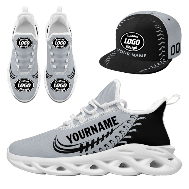 Customize Sport Shoe + Hat Kits Personalized Design Printing Logo & Picture on Sneakers for Men and Women Gray White Sole