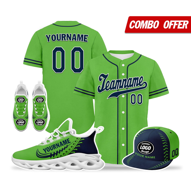 Cool Customize Baseball Jersey + Sneaker + Cap Kits | Personalized Design Printed Logo/Team Name/Picture/Photo On Sports Suits For Men And Women Green Dark Blue White Sole Sport Shoes ZH-24020050-15w
