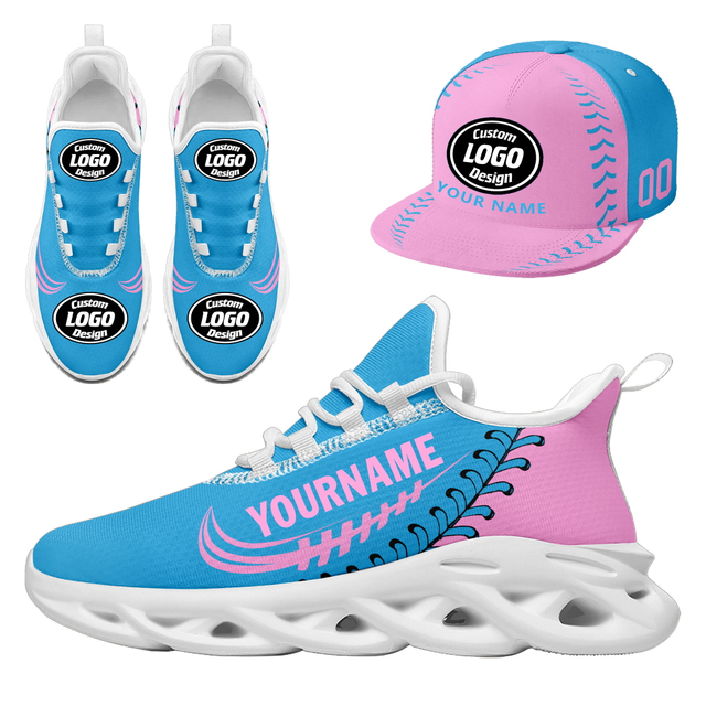 Custom Sneaker + Hat Kits Personalized Design Printing Logo & Photo on Sport Shoes for Men and Women Pink Blue White Sole