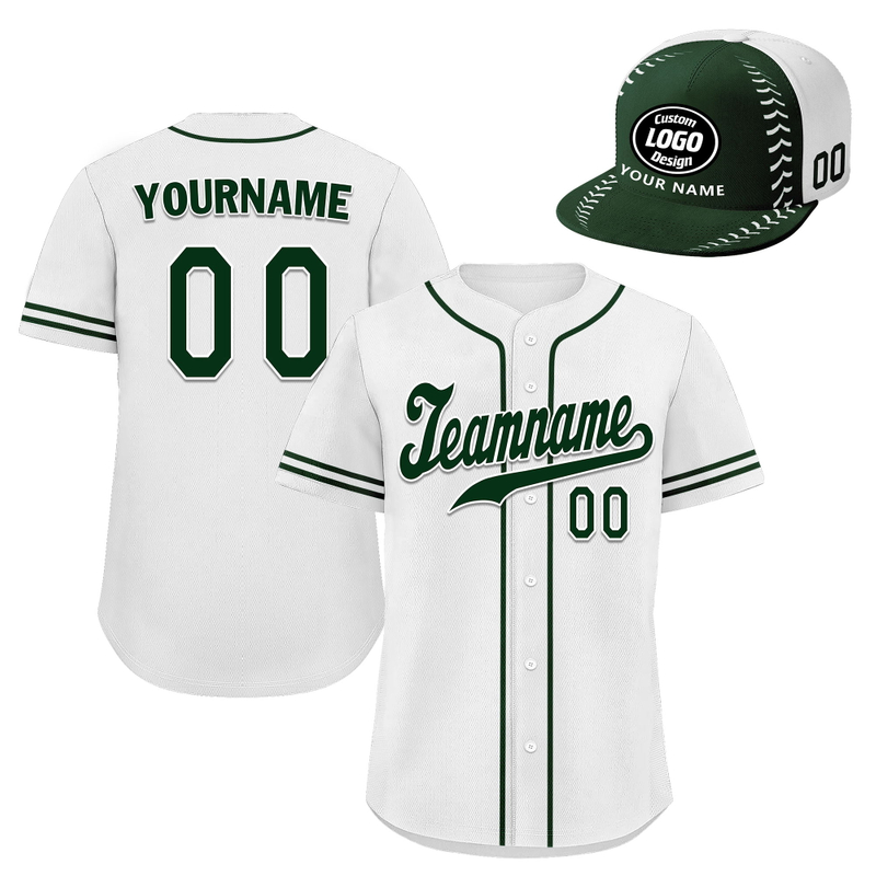 Custom Baseball Jersey + Cap | Personalized Design Printed Logo/Team Name/Picture/Photo On Sports Uniform Kits For Men And Women White Dark Green ZH-24020053-17