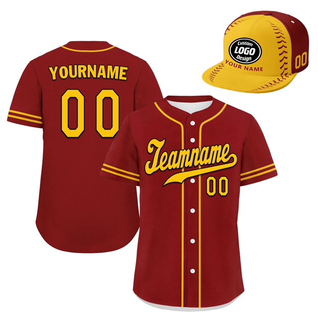 Custom Baseball Jersey + Cap | Personalized Design Printed Logo/Team Name/Picture/Photo On Sports Uniform Kits For Men And Women Claret Yellow ZH-24020053-11