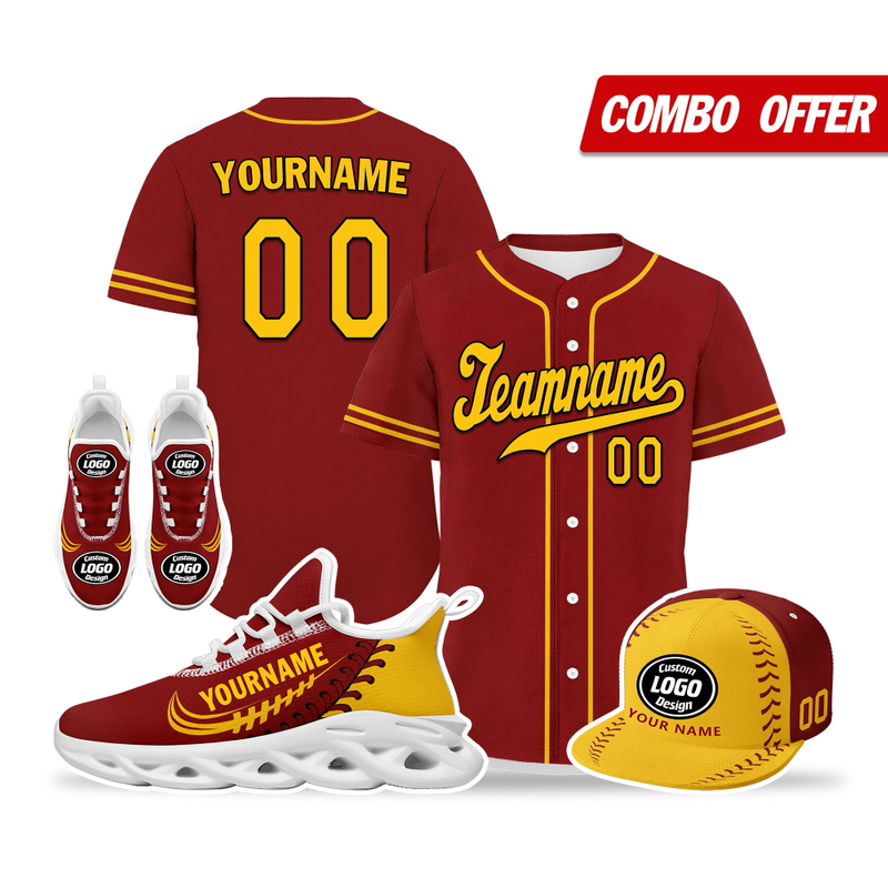 Cool Customize Baseball Jersey + Sneaker + Cap Kits | Personalized Design Printed Logo/Team Name/Picture/Photo On Sports Suits For Men And Women Claret Yellow White Sole Sport Shoes ZH-24020050-11w