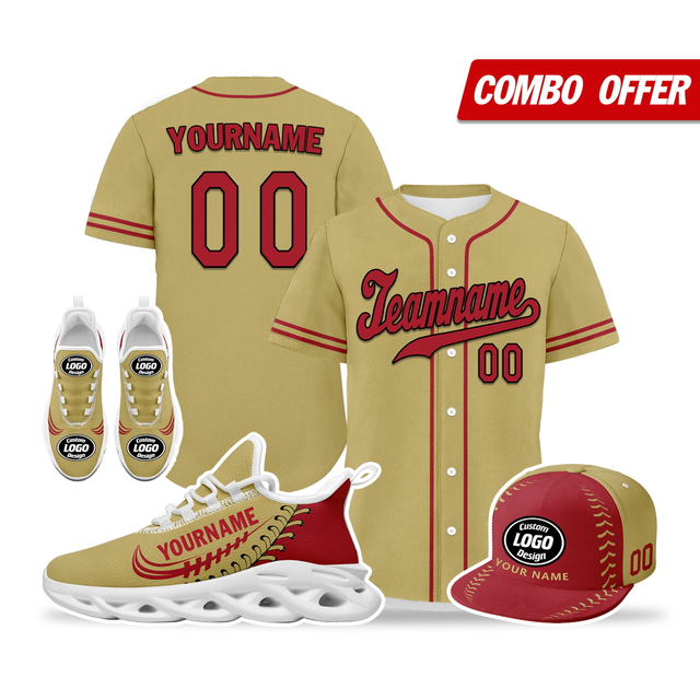 Cool Customize Baseball Jersey + Sneaker + Cap Kits | Personalized Design Printed Logo/Team Name/Picture/Photo On Sports Suits For Men And Women Camel Red White Sole Sport Shoes ZH-24020050-7w
