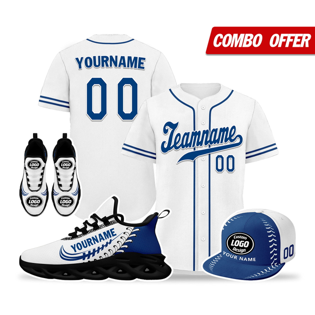 Cool Customize Baseball Jersey + Sneaker + Cap Kits | Personalized Design Printed Logo/Team Name/Picture/Photo On Sports Suits For Men And Women Blue White Black Sole Sport Shoes ZH-24020050-12b