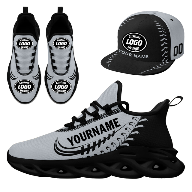 Customize Sport Shoe + Hat Kits Personalized Design Printing Logo & Picture on Sneakers for Men and Women Gray Black Sole