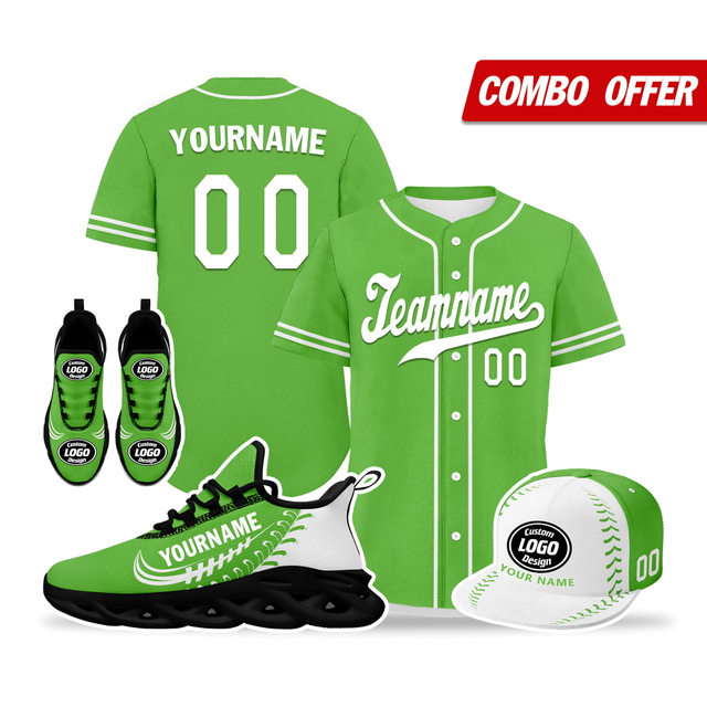 Cool Customize Baseball Jersey + Sneaker + Cap Kits | Personalized Design Printed Logo/Team Name/Picture/Photo On Sports Suits For Men And Women Green White Black Sole Sport Shoes ZH-24020050-25b