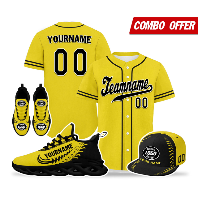 Cool Customize Baseball Jersey + Sneaker + Cap Kits | Personalized Design Printed Logo/Team Name/Picture/Photo On Sports Suits For Men And Women Yellow Black Sole Sport Shoes ZH-24020050-27b