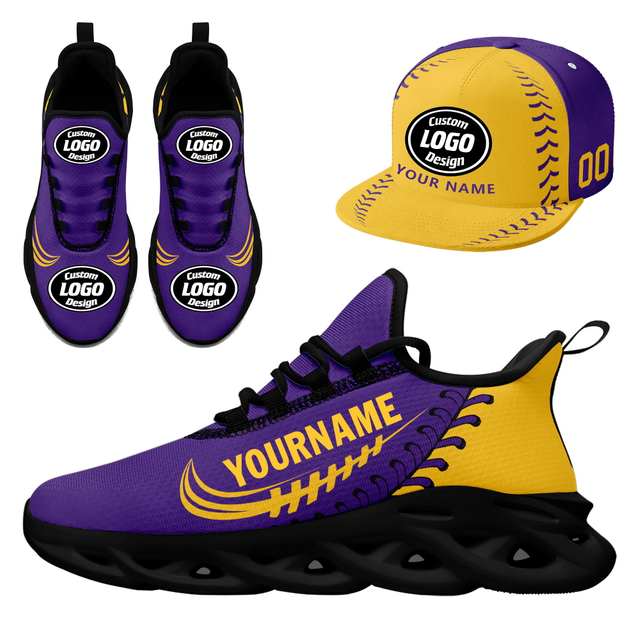 Custom Sneaker + Hat Kits Personalized Design Printing Logo & Photo on Sport Shoes for Men and Women Yellow Purple Black Sole