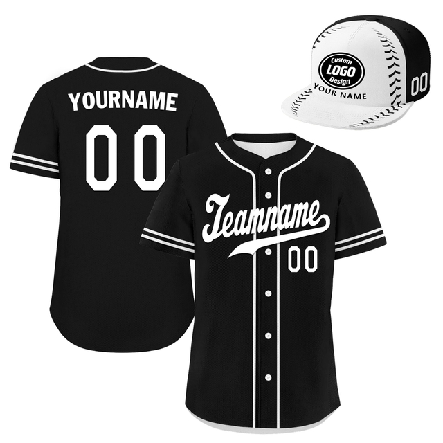 Custom Baseball Jersey + Cap | Personalized Design Printed Logo/Team Name/Picture/Photo On Sports Uniform Kits For Men And Women Black White ZH-24020053-31