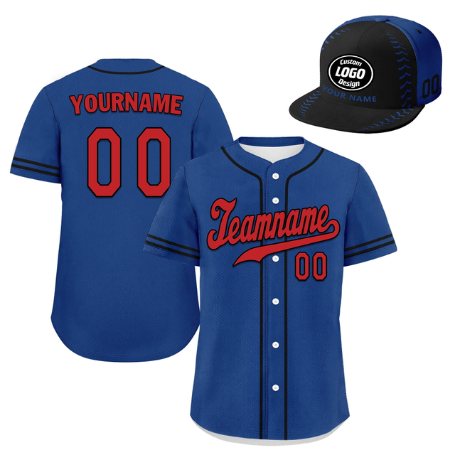 Custom Baseball Jersey + Cap | Personalized Design Printed Logo/Team Name/Picture/Photo On Sports Uniform Kits For Men And Women Dark Blue Red ZH-24020053-10