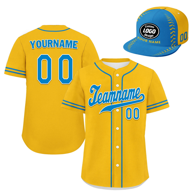 Custom Baseball Jersey + Cap | Personalized Design Printed Logo/Team Name/Picture/Photo On Sports Uniform Kits For Men And Women Yellow Blue ZH-24020053-9