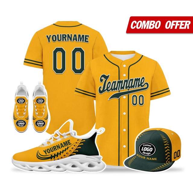 Cool Customize Baseball Jersey + Sneaker + Cap Kits | Personalized Design Printed Logo/Team Name/Picture/Photo On Sports Suits For Men And Women Yellow Dark Green White Sole Sport Shoes ZH-24020050-3w