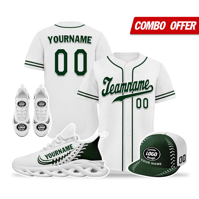 Cool Customize Baseball Jersey + Sneaker + Cap Kits | Personalized Design Printed Logo/Team Name/Picture/Photo On Sports Suits For Men And Women Dark Green White Sole Sport Shoes ZH-24020050-17w